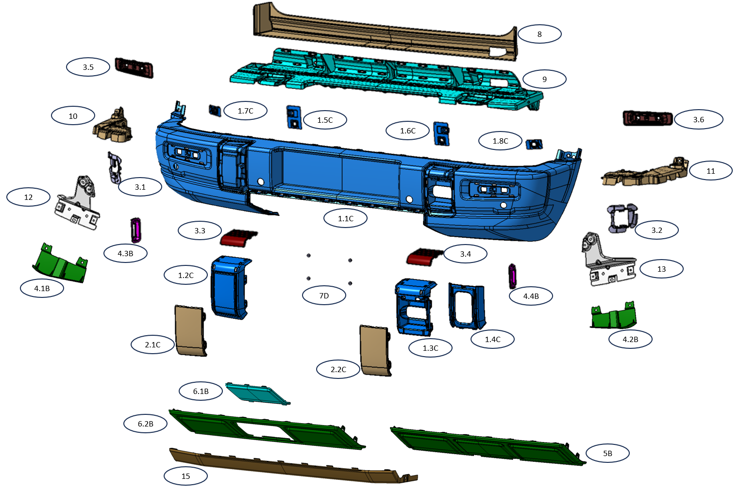Exploded CAD view of the rear bumper assembly