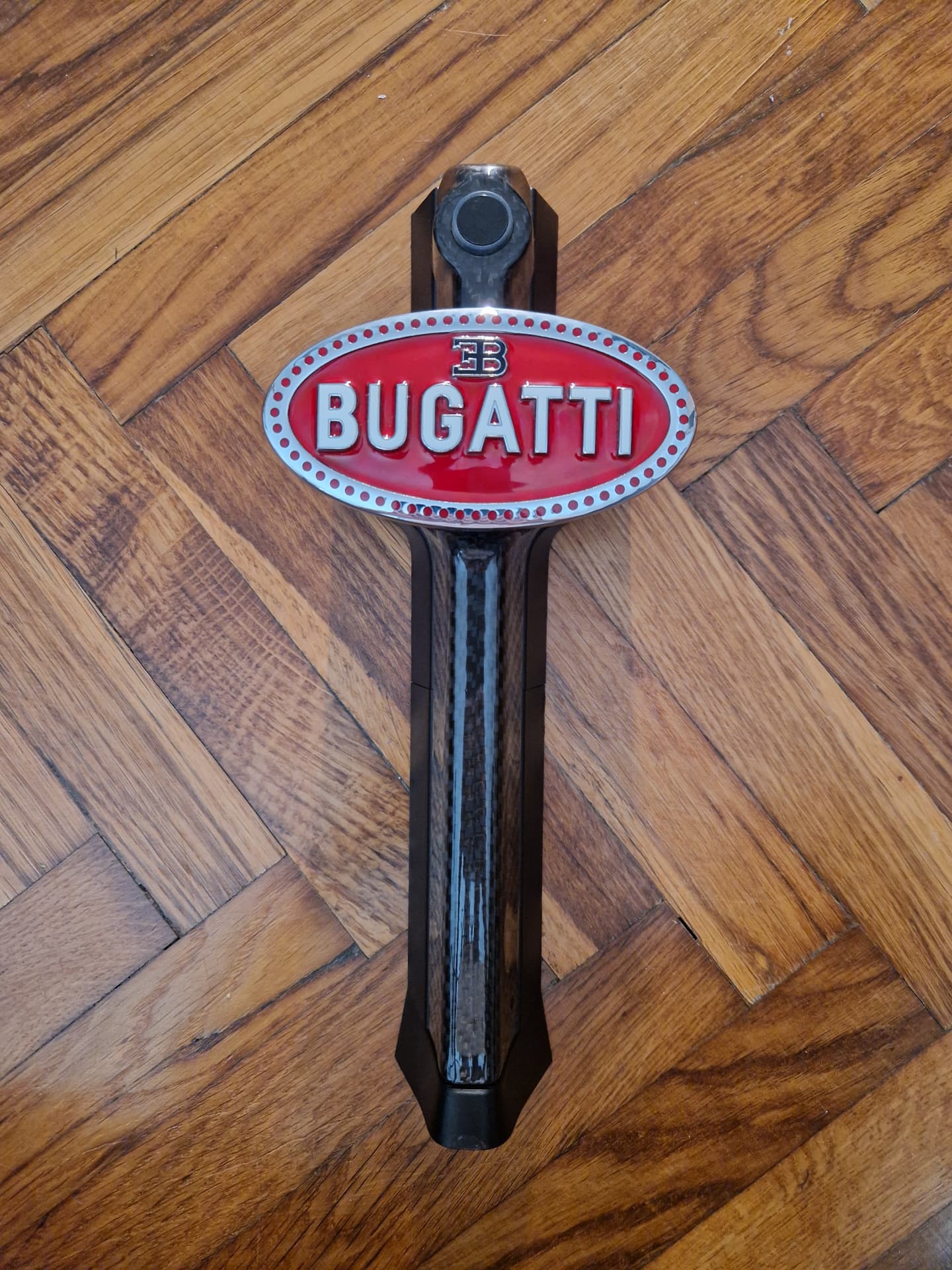 Carbon fibre Bugatti badge detail